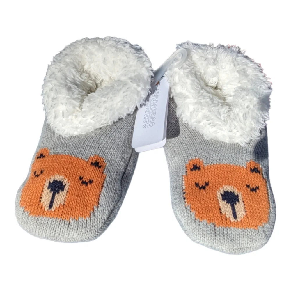 Gymboree S 5-6 Joy/Peace Bear Knit Grey Slippers W/ Nonslip Sole